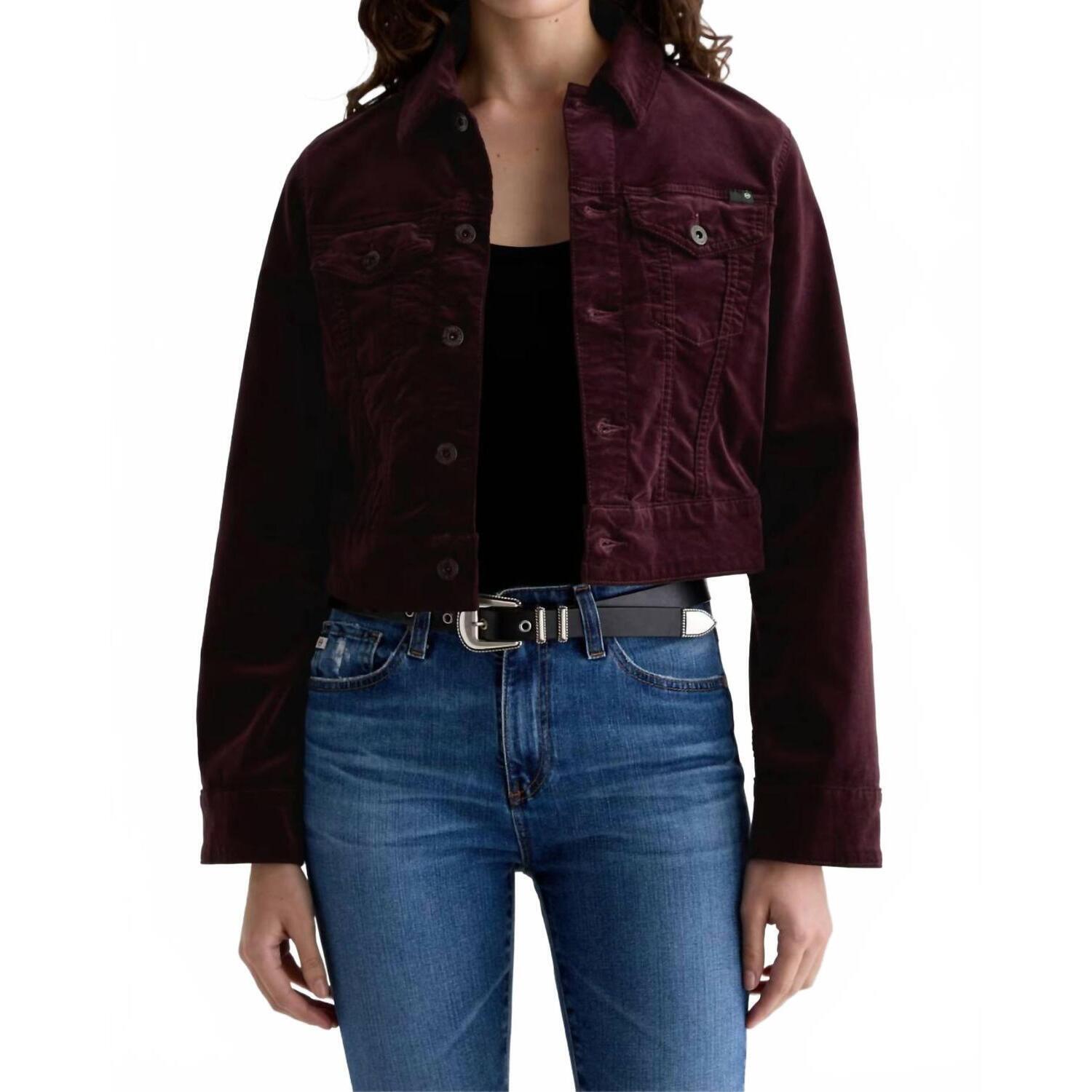 New Ag Jeans Isa Velvet Cropped Trucker Jacket In Winery